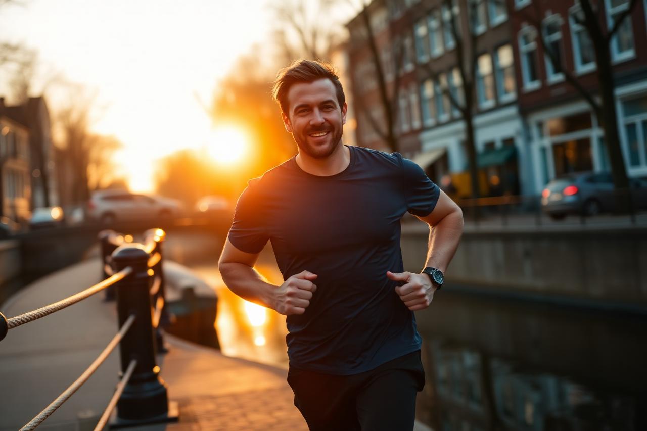 Dutch man exercising along an Amsterdam canal after using V-Rex Male Enhancement